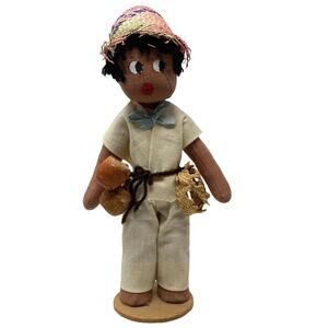 Honduras Folk Art Doll with Pots and Basket 10.5" Tall On Wooden Base